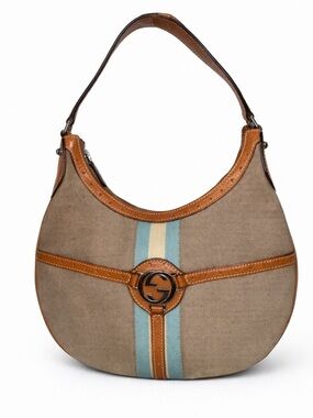 Gucci Vintage Canvas Leather Hobo Shoulder Bag with Web Stripe & GG Logo